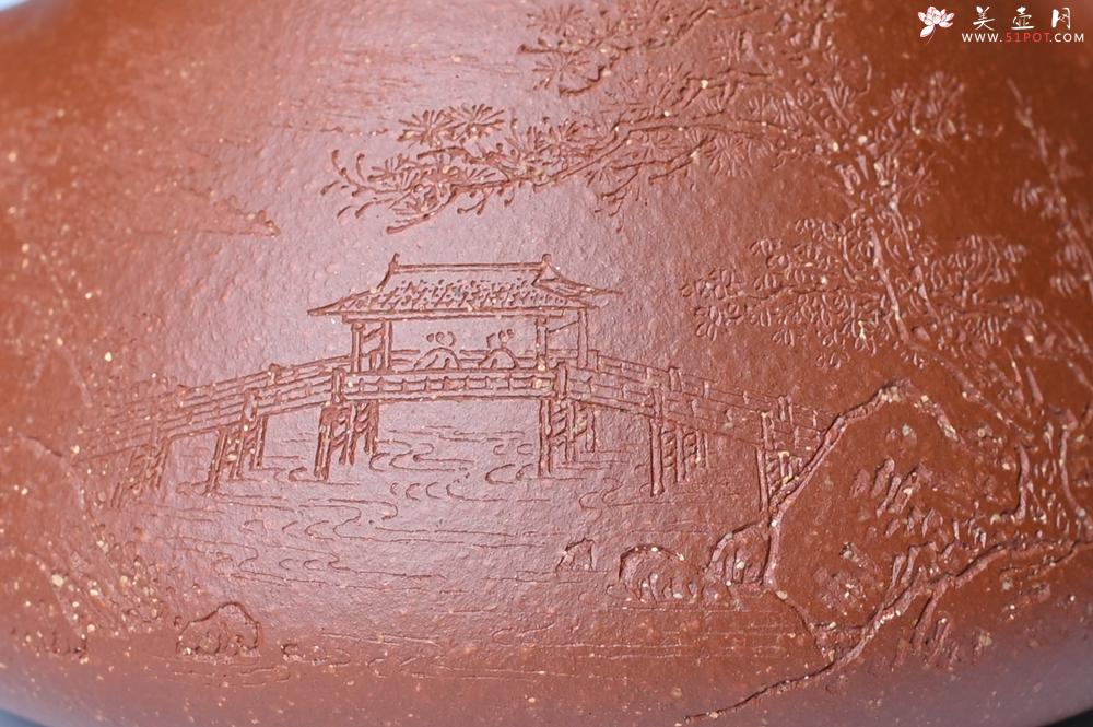 紫砂壶图片：实力派国工周斌（周镔）特好红降坡泥全手工子冶石瓢 张听钢装饰山水 - 美壶网