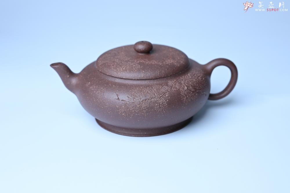 紫砂壶图片：美壶特惠 特好紫泥扁玉壶 装饰不老松 文气十足 - 美壶网