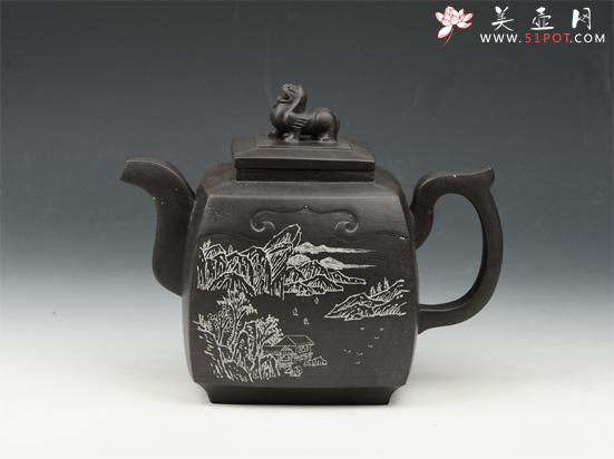 紫砂壶图片：四方瑞兽 800cc 原矿黑金砂 - 美壶网