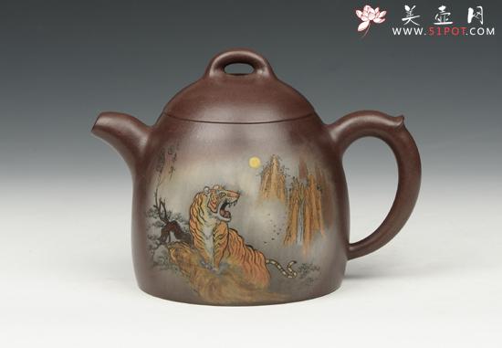 紫砂壶图片：泥绘老虎秦权壶 - 美壶网
