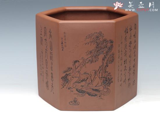 紫砂壶图片：全手工六方笔筒    泥料：原矿清水泥  高宽各20 - 美壶网