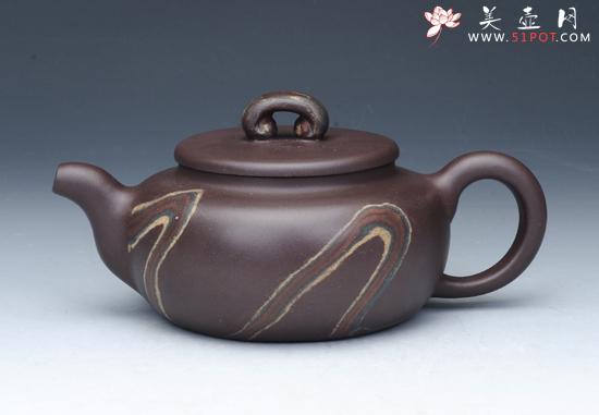 紫砂壶图片：如意腰鼓壶 紫五色土绞泥 - 美壶网