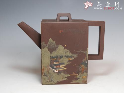 紫砂壶图片：泥绘砖方 容量:4... - 美壶网