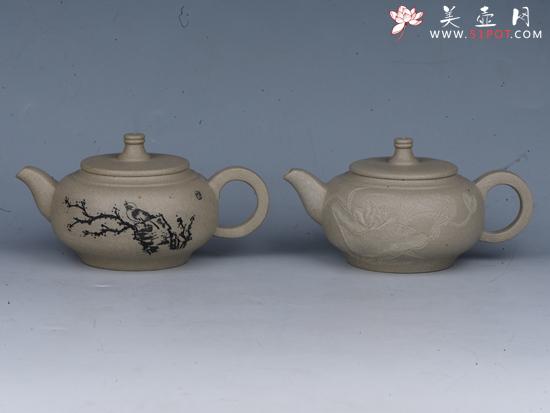 紫砂壶图片：扁福  容量：200cc  泥料：本山绿泥 - 美壶网