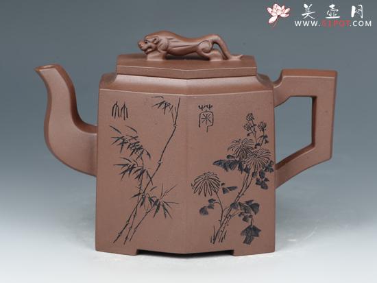 紫砂壶图片：高狮六方  黄龙山老紫泥  380cc - 美壶网