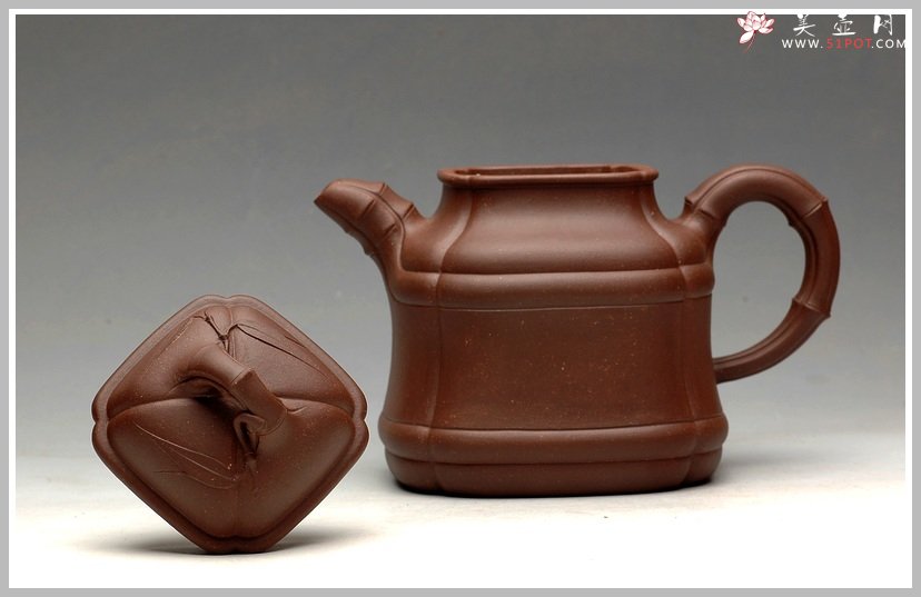 紫砂壶图片：融合方器、花货、筋囊融为一体  四方竹段 - 美壶网