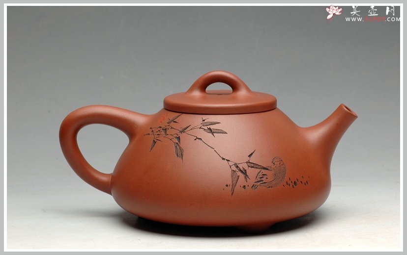 紫砂壶图片：鲍志强爱徒厉上清刻绘 谈剑锋精品子冶石瓢 - 美壶网