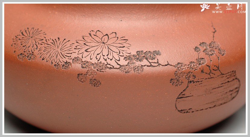 紫砂壶图片：妍丽清雅 墨陶装饰 全手紫泥合欢 - 美壶网