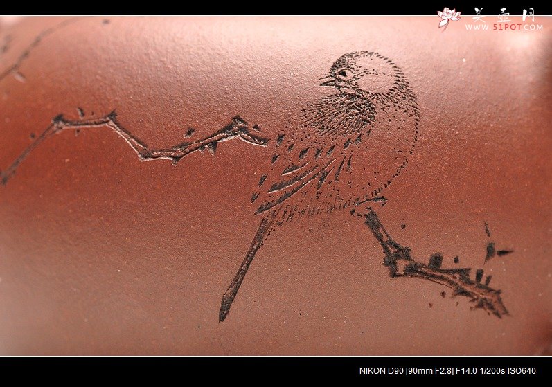 紫砂壶图片：炮管直流 枯枝鸟 古韵耐品 全手贡珠 - 美壶网