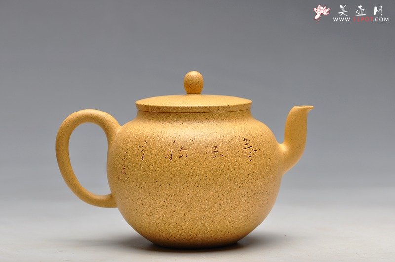 紫砂壶图片：线条流畅 挺拔优雅 全手迎春 墨陶装饰王翔鸟 - 美壶网