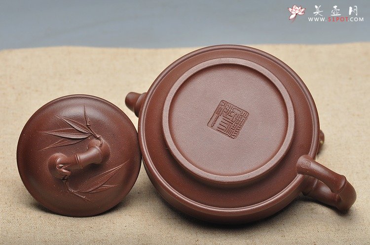 紫砂壶图片：羊脂紫泥 精神 贴叶细腻挺拔 双线竹鼓 - 美壶网