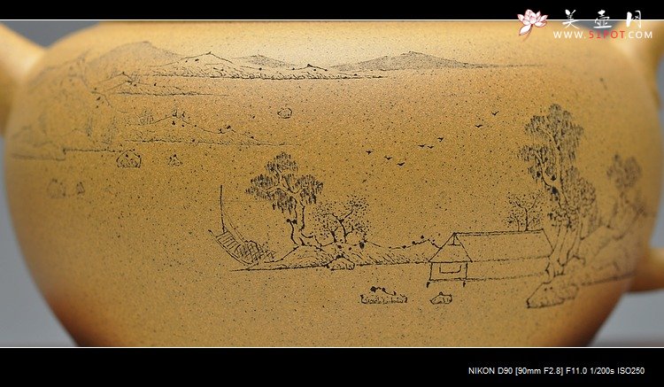 紫砂壶图片：墨陶装饰  王翔山水  全手古柿 淡雅得趣 - 美壶网