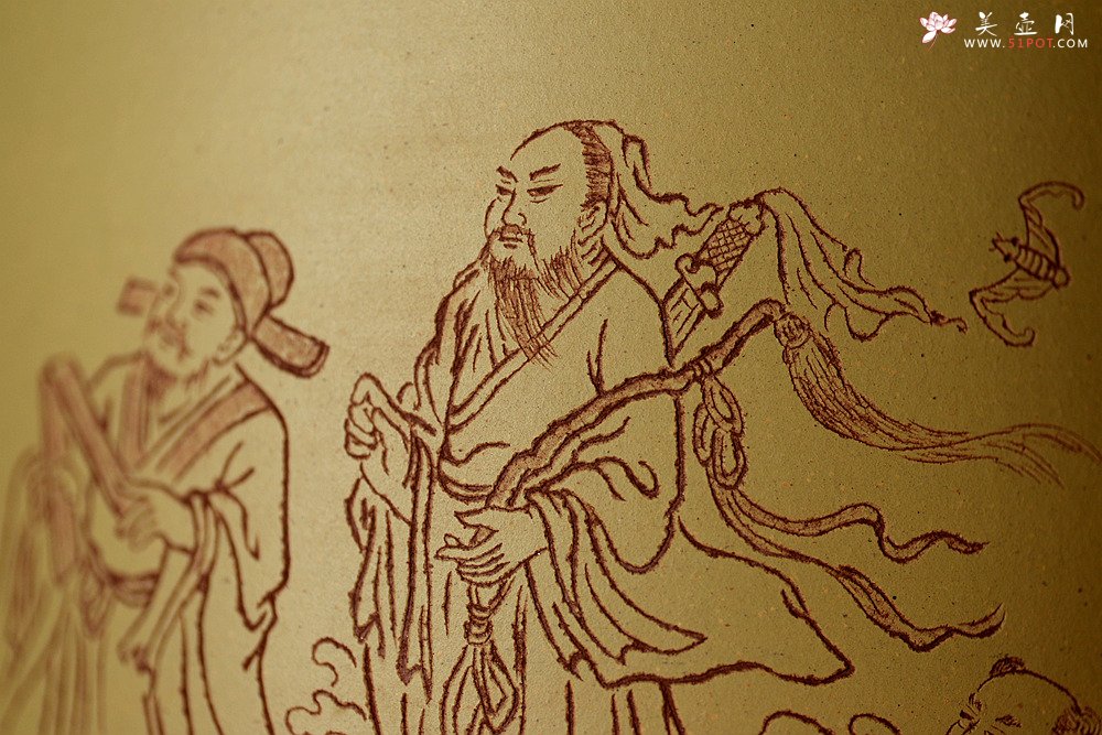 紫砂壶图片：八仙过海 各显神通 张听刚笔筒 刀法精到细腻  - 美壶网