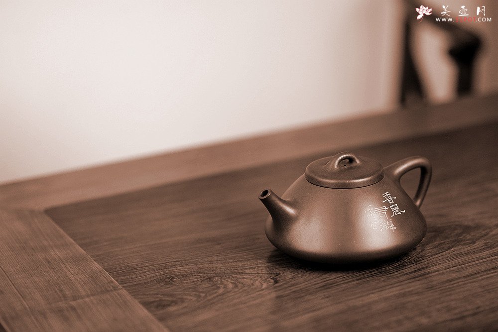 紫砂壶图片：陆轶舟精心装饰 汤红专代表作全手子冶石瓢 骨肉均挺 一厂黑星土 儒雅文气 - 美壶网