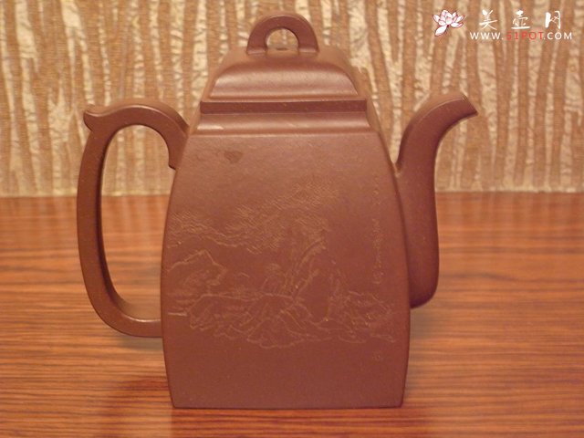 紫砂壶图片：汉方壶艺海游刀铭刻 - 美壶网