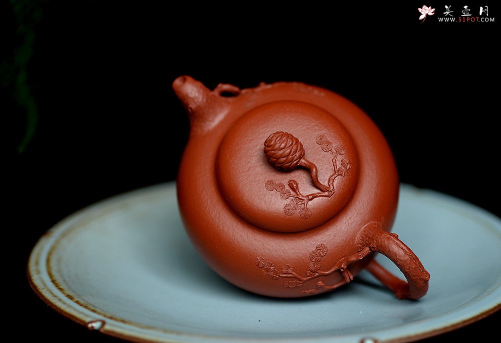 紫砂壶图片：蔡一强新品  实用花货 以松针装饰生动  原矿朱泥 全手松韵壶 - 美壶网