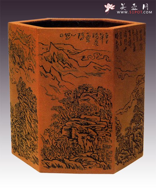 紫砂壶图片：六方通转笔筒 - 美壶网