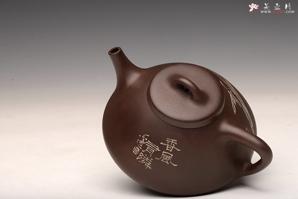 紫砂壶图片：陆轶舟精心装饰 汤红专代表作全手子冶石瓢 骨肉均挺 一厂黑星土 儒雅文气 - 美壶网