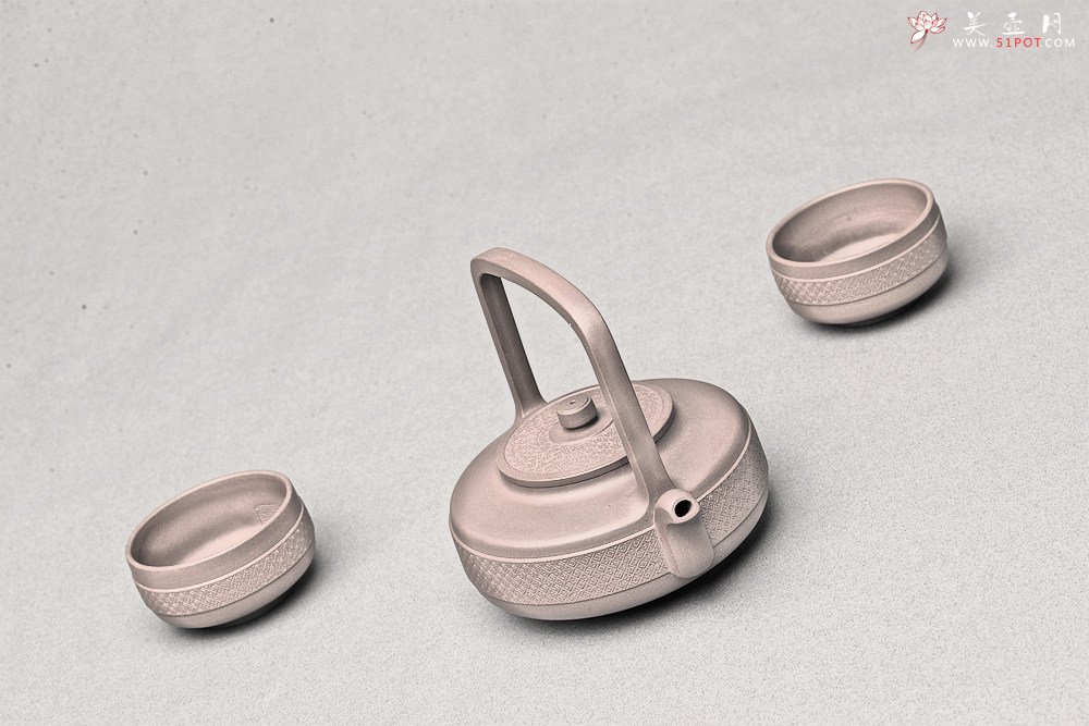 紫砂壶图片：乙未年全手工二等奖作品 端庄大气 原创作品 优质底槽青 玉璧提梁套组 - 美壶网