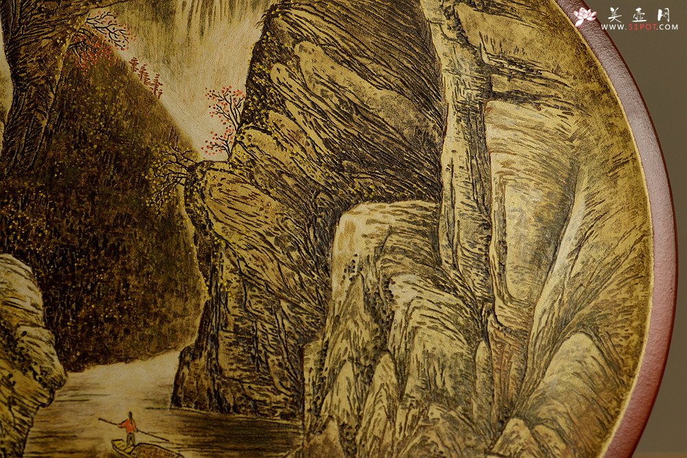 紫砂壶图片：张听刚新意装饰 山水挂盘 紫砂着色 韵味十足 精品~ - 美壶网