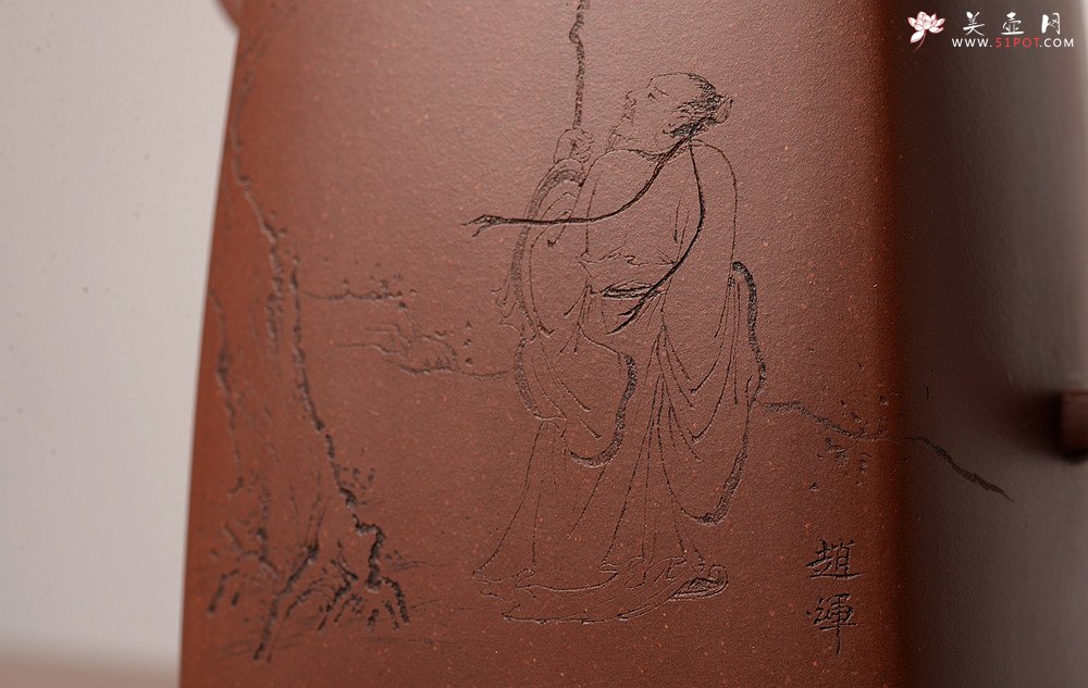 紫砂壶图片：何卫枫乙未冬全手新作 强强联合 国师赵辉文气装饰 高士怀古 四方云鼎 - 美壶网