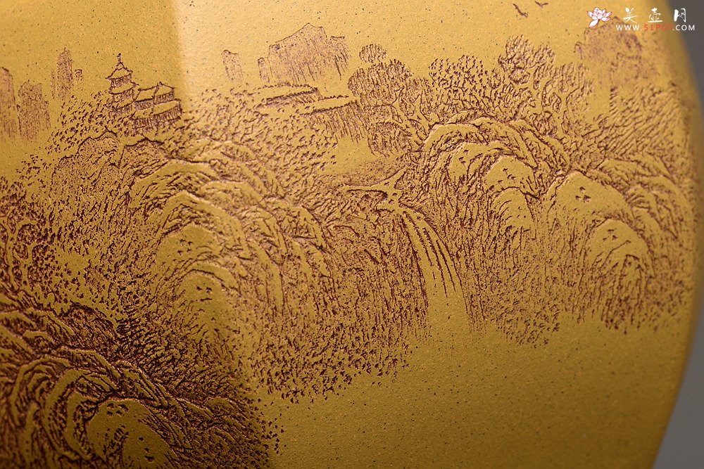 紫砂壶图片：李彦雄精刻山水~全手六方水盂 笔洗  把玩精品 - 美壶网