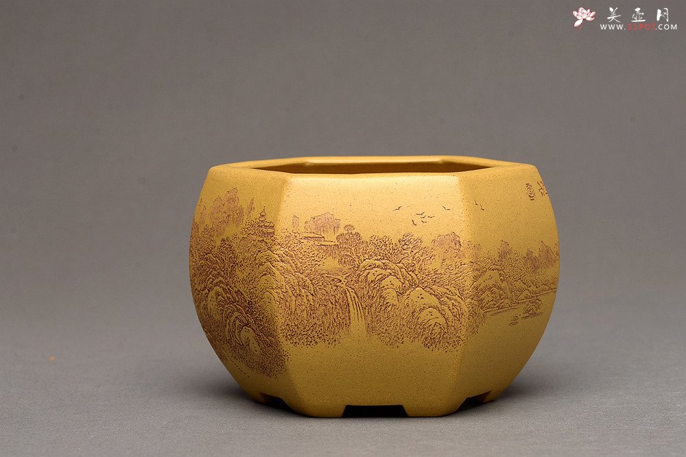 紫砂壶图片：李彦雄精刻山水~全手六方水盂 笔洗  把玩精品 - 美壶网