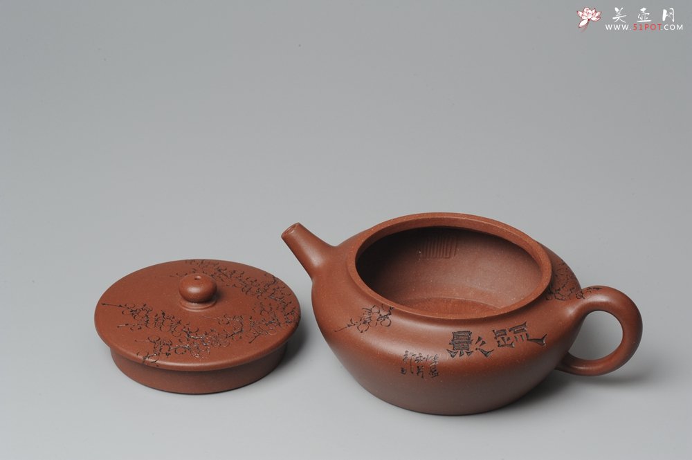 紫砂壶图片：刘华徒弟生益刻绘 全手工桑扁 - 美壶网