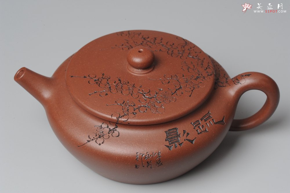 紫砂壶图片：刘华徒弟生益刻绘 全手工桑扁 - 美壶网