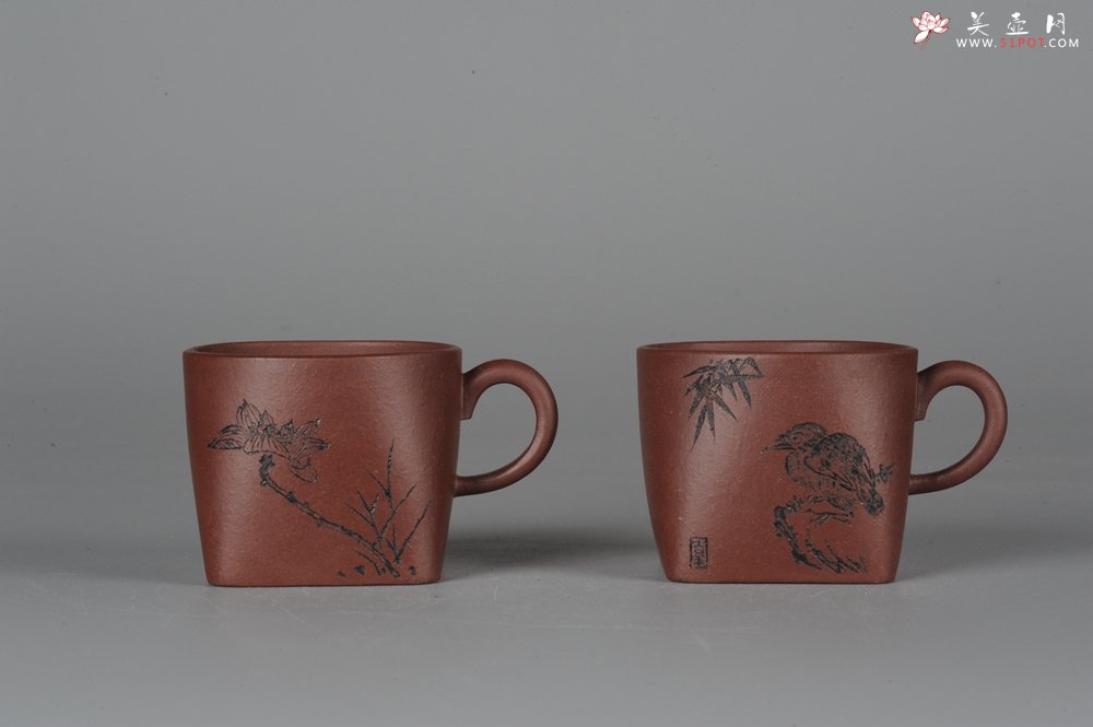 紫砂壶图片：全手工舍得套组 采用优质龙血砂泥料 助工袁德波精心装饰花鸟 - 美壶网