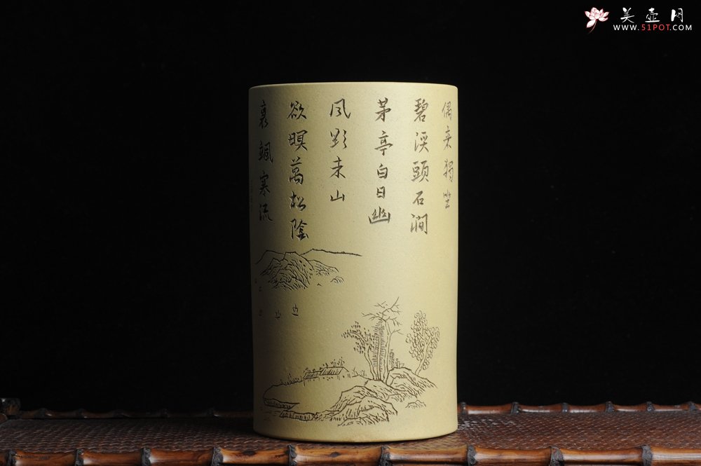 紫砂壶图片：美筒特惠 精品山水高帽笔筒六式 偶来独坐碧溪头 石涧茅亭白日幽 老师不打草稿直接空刻 一气呵成 - 美壶网