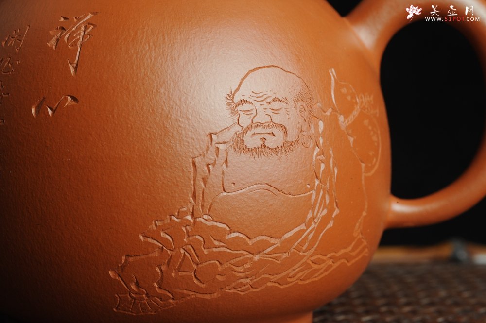 紫砂壶图片：优质赵庄朱泥全手工明式思裕  方健双刀文气装饰禅心图 - 美壶网