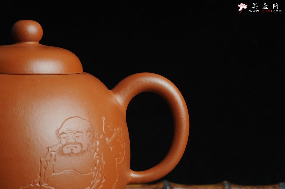 紫砂壶图片：优质赵庄朱泥全手工明式思裕  方健双刀文气装饰禅心图 - 美壶网