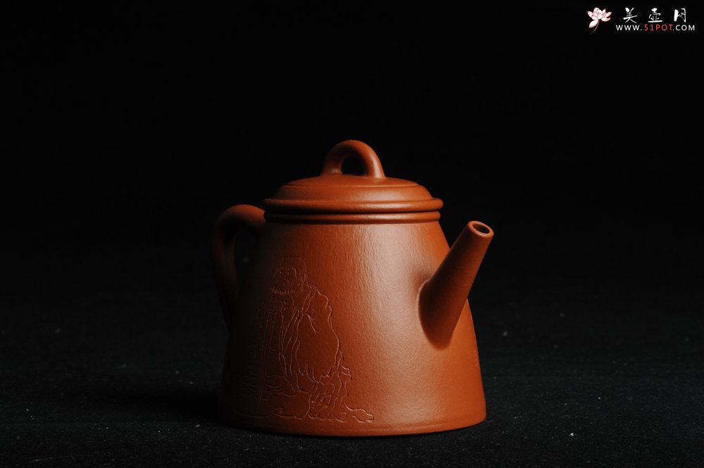紫砂壶图片：优质朱泥全手工汉瓦二式 方健双刀文气装饰禅心图 超漂亮 - 美壶网