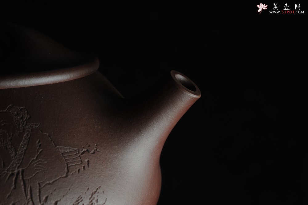 紫砂壶图片：美壶特惠 经典平盖小石瓢 满瓢（景舟石瓢）方健双刀即兴装饰松下高士煮茶图 泥料超好 做工灰常精致 - 美壶网