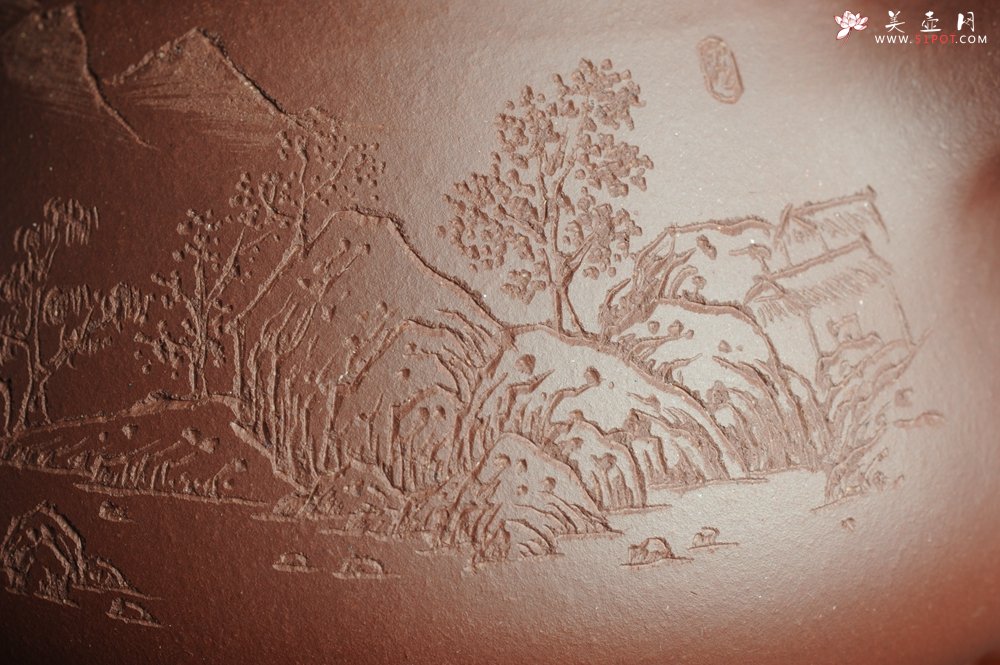 紫砂壶图片：优质紫茄泥全手工山水满瓢 雨过山色清 - 美壶网