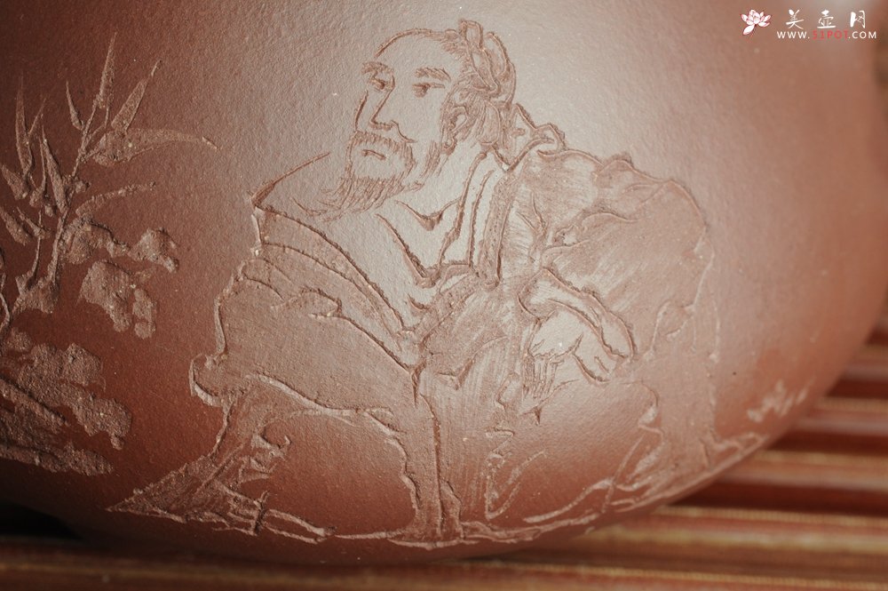 紫砂壶图片：贺岁新品 优质紫茄泥全手工高士竹图 风清气正满瓢 - 美壶网