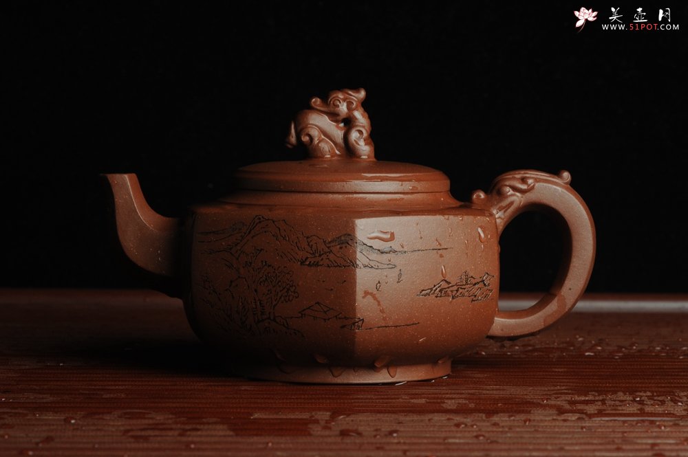 紫砂壶图片：美壶特惠 六方龙樽 刻绘山水 浑厚大气 - 美壶网
