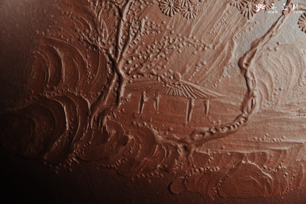 紫砂壶图片：美壶特惠 经典平盖小石瓢 满瓢（景舟石瓢）泥绘山水 江清月近人 单色泥绘更显功力 - 美壶网