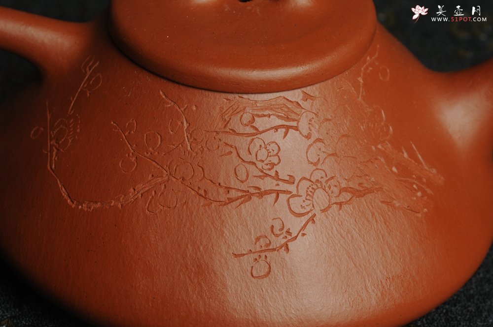 紫砂壶图片：朱泥全手工刻梅花子冶石瓢 - 美壶网
