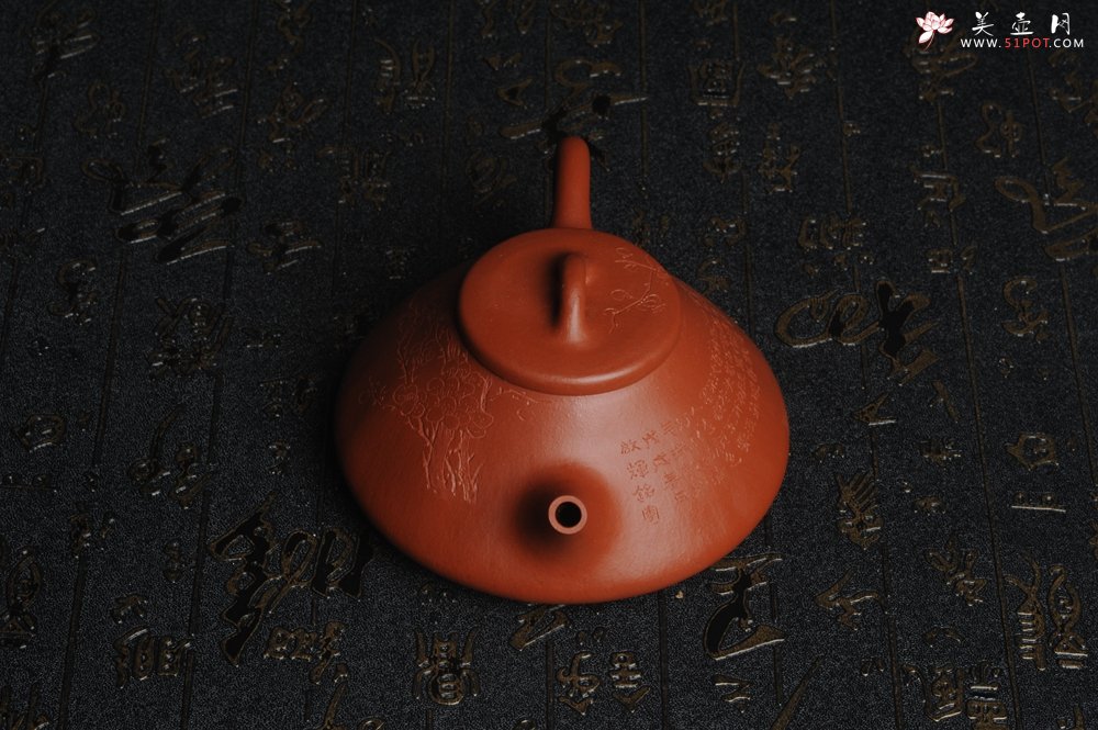 紫砂壶图片：朱泥全手工刻梅花子冶石瓢 - 美壶网