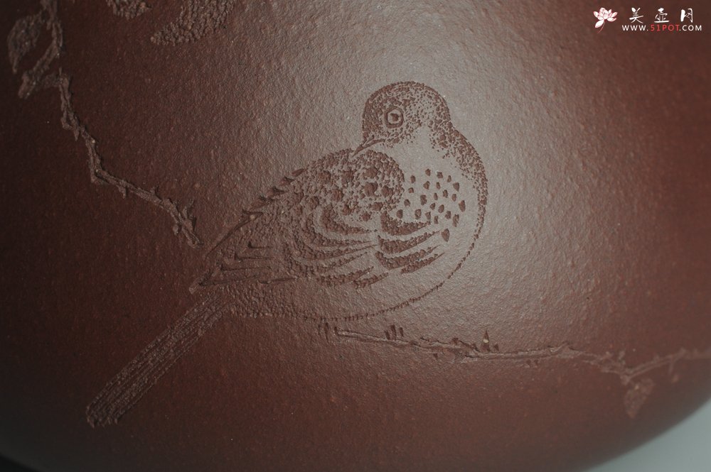 紫砂壶图片：美壶特惠 经典平盖小石瓢 满瓢（景舟石瓢）子木刻绘枯枝鸟 - 美壶网