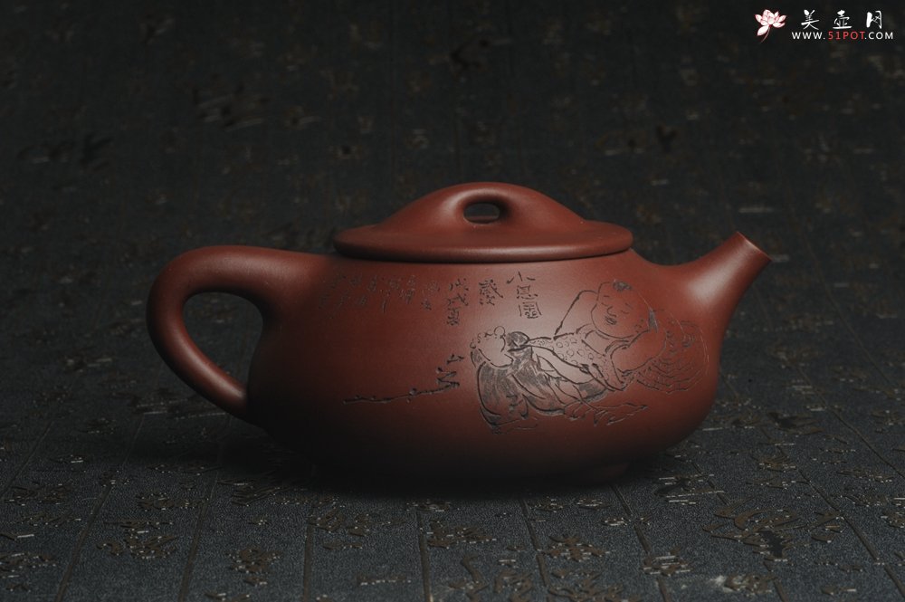 紫砂壶图片：油润紫泥 全手工大满瓢 石瓢 文气装饰小息图 紫瓯蕴玉烹雀舌 砂罂含露泛春华 - 美壶网