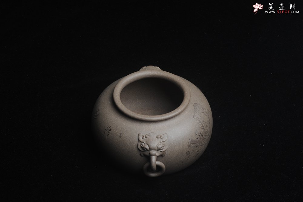紫砂壶图片：精品特惠 老青段精品瑞兽双耳罐 茶仓 茶叶罐 水洗 烟灰缸 多用 子陶刻抚琴图 琴韵书声 - 美壶网
