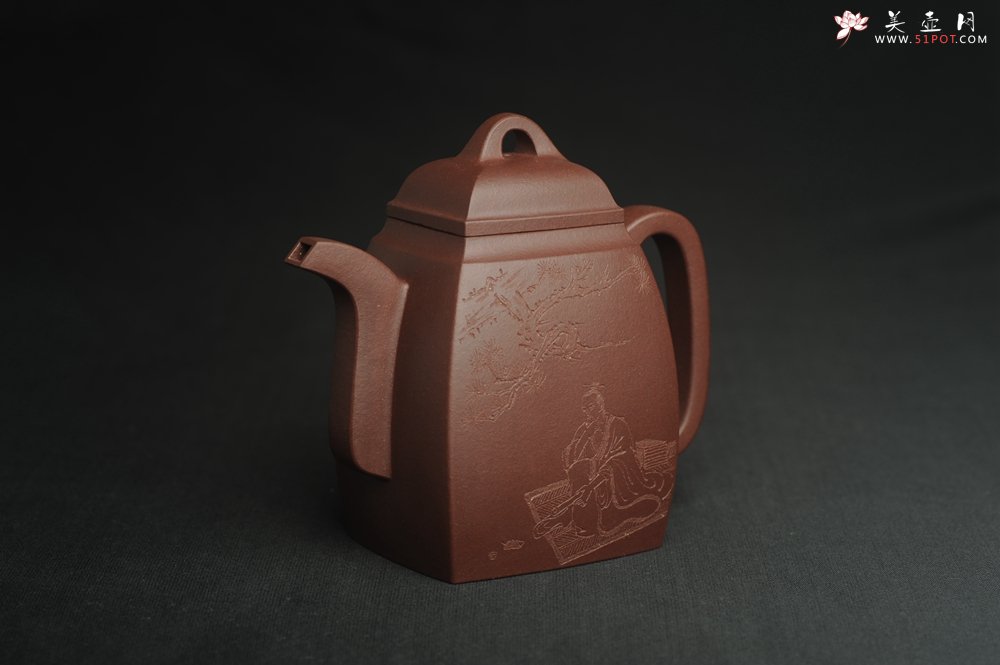 紫砂壶图片：全手工精致汉方壶 无事此静坐 有情且赋诗 禅意浓浓 - 美壶网