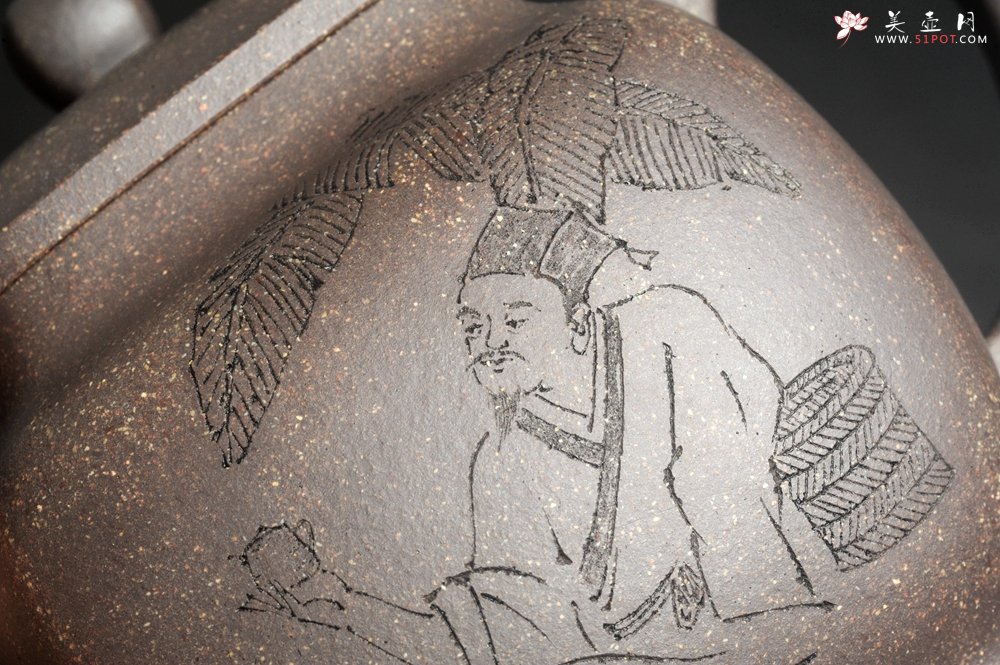 紫砂壶图片：实力派张海艳 全手工油润老青灰段泥重器鸣远四方 气势磅礴 用心之作 装饰人物特文气 - 美壶网