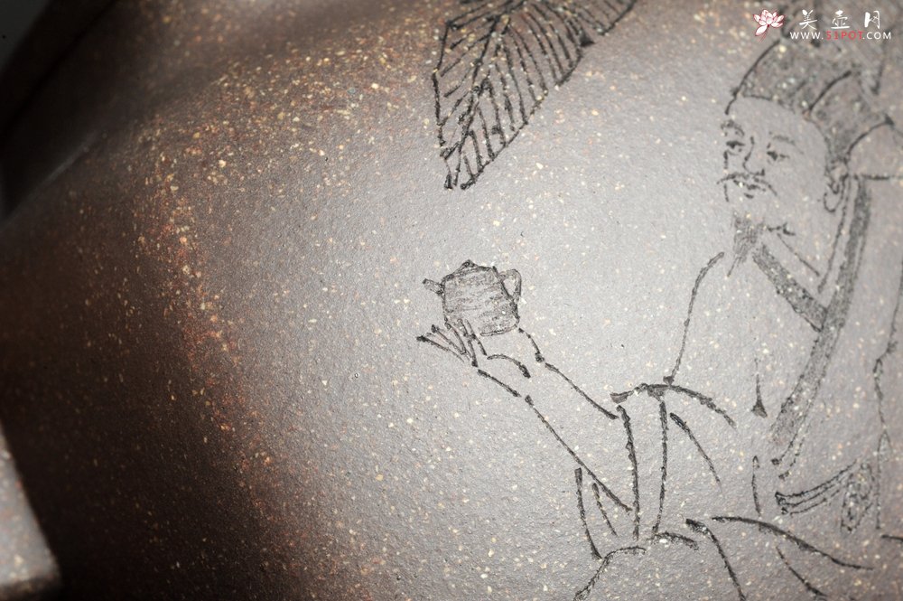 紫砂壶图片：实力派张海艳 全手工油润老青灰段泥重器鸣远四方 气势磅礴 用心之作 装饰人物特文气 - 美壶网