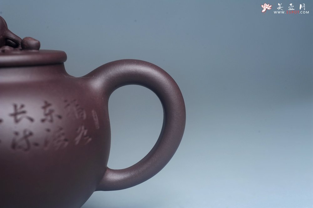 紫砂壶图片：实力派工艺师周斌优质底槽清全手工精工 原创寿桃壶 陶兴双刀装饰 福如东海长流水 寿比南山不老松 特文 - 美壶网