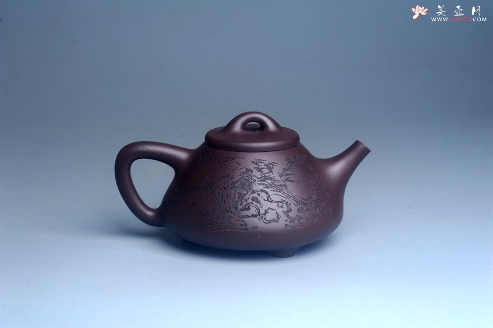 紫砂壶图片：实力派工艺师周斌优质底槽清全手工精工子冶石瓢 装饰竹林七贤 特文气 - 美壶网