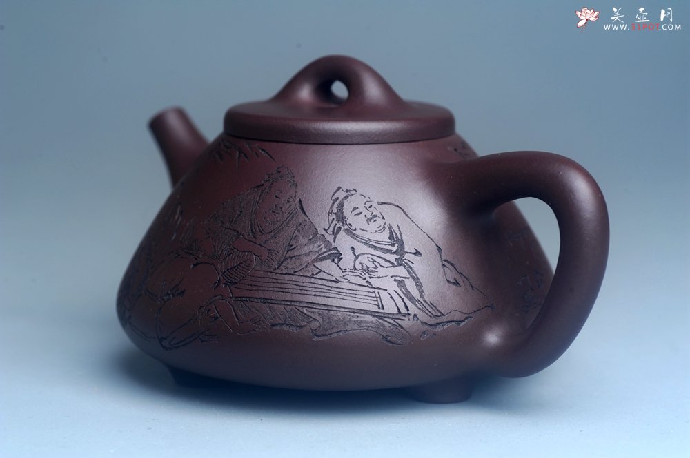 紫砂壶图片：实力派工艺师周斌优质底槽清全手工精工子冶石瓢 装饰竹林七贤 特文气 - 美壶网